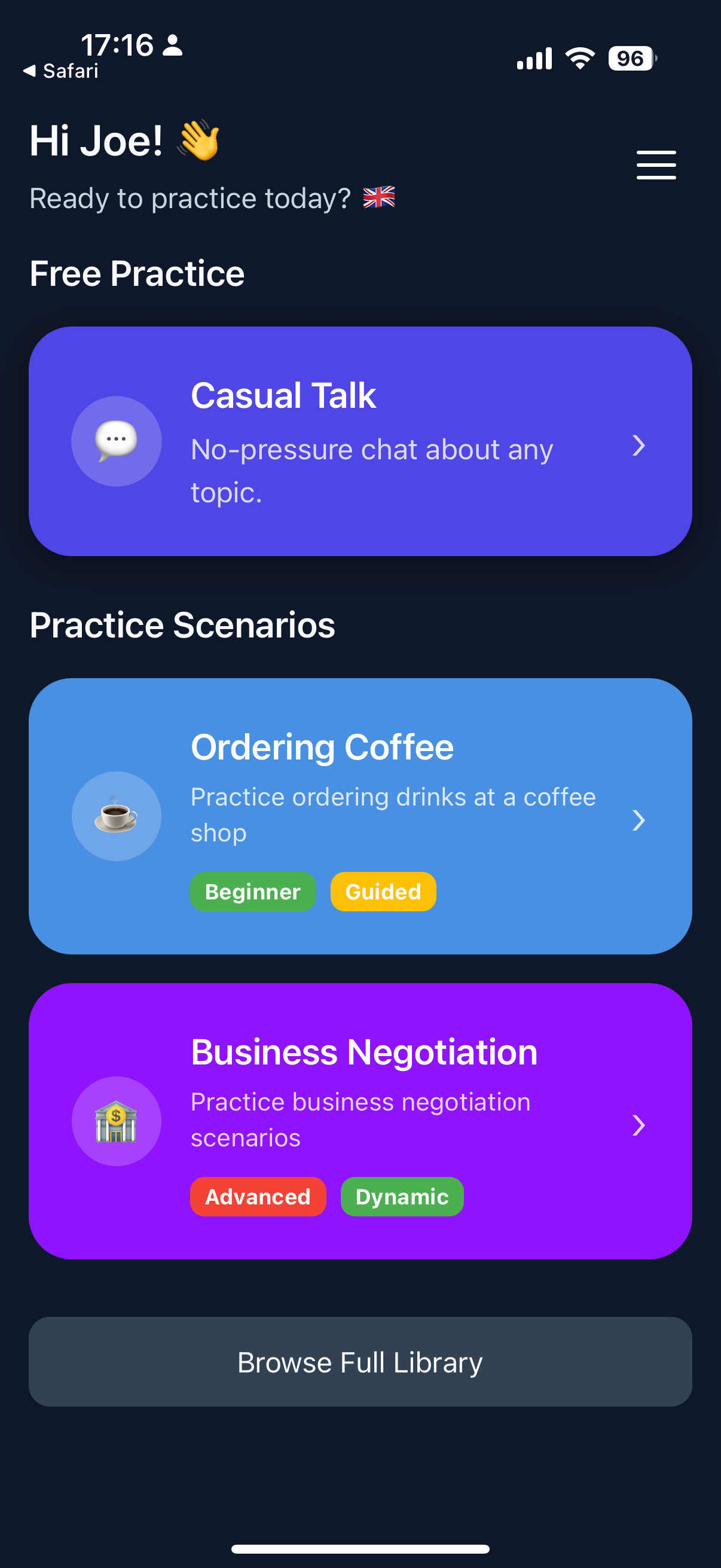 FluentFlex app home screen showing conversation practice options including Casual Talk, Ordering Coffee, and Business Negotiation scenarios