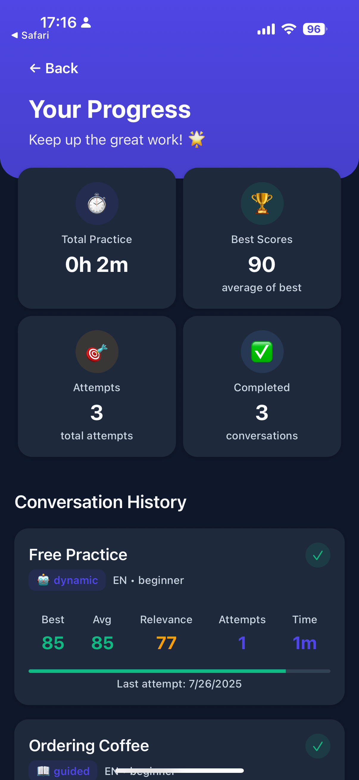 FluentFlex app progress screen displaying user statistics, conversation history, and language learning achievements